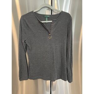 Lauren Ralph Lauren Women's Top Large Gray Long Sleeve Gold Ring Detail